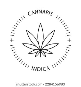 Cannabis leaf. Round logo or badge design of medical marijuana. Vector scalable label. Editable stroke.