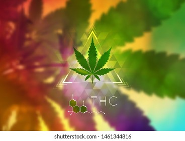 Cannabis leaf, sacred geometry forms and molecule thc on wonderful photography background with marijuana plant; Vector template of banner, poster, flyer and etc.