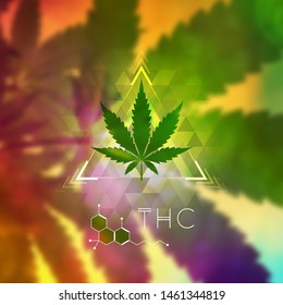 Cannabis leaf, sacred geometry forms and molecule thc on wonderful photography background with marijuana plant; Vector template of banner, poster, flyer and etc.