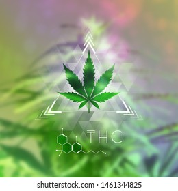 Cannabis Leaf, Sacred Geometry Forms And Molecule Thc On Wonderful Photography Background With Marijuana Plant; Vector Template Of Banner, Poster, Flyer And Etc.