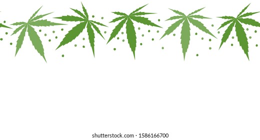 Cannabis leaf seamless border. Botanical repeat design with a natural drug foliage and seeds.