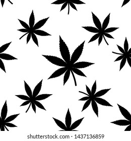 Cannabis leaf seamless pattern, black  marijuana leaf on white background.