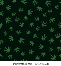 Cannabis leaf Seamless pattern. Medicine Marijuana texture. Medical cannabis sign Legalize symbol. Green leaves on black vector background for fabric textile, wrapping paper, banner for web site.