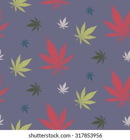 Cannabis Leaf seamless pattern on violet background. Cloth & rug design. Pastel Red, Yellow, Blue green, Blue & Purple vector backdrop. Hand drawn vintage vector illustration.