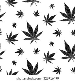 Cannabis Leaf seamless pattern on white background. Cloth & rug design. Black & White style vector backdrop.