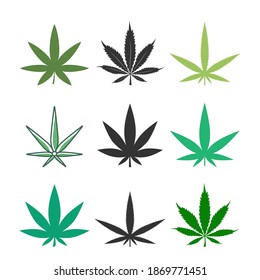 Icono de juego de hojas de cannabis. Recogida de plantas de marihuana. Concepto de medicina vectorial. Ilustración médica aislada en blanco.