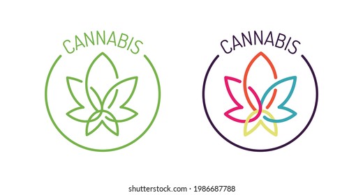 Logo del cartel de la hoja de cannabis. Dos iconos sobre fondo blanco. Ilustración de vectores de arte plano