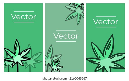 Cannabis Leaf Sketch Vector Set Of Illustrations. Cbd Edibles, Beauty Cream Hemp Oil Hand Drawn Vertical Background. Green Media Banner