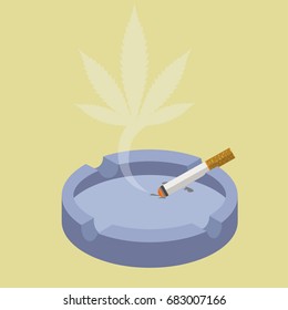 Cannabis leaf, smoke from cigarette, vector illustration. Flat design