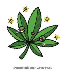 Cannabis leaf in a state of intoxication. Cute cartoon character design.