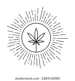 Hoja de cannabis con vigas de sol. Logo o diseño de insignia de la marihuana medicinal. Etiqueta escalable del vector. Trazo editable.