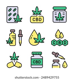 Conjunto de iconos de color de Vector de hoja de cannabis. Iconos vectoriales de los símbolos del logotipo de la marihuana para el diseño del Sitio web, App móvil, ui. Colección de signos simples aislados sobre fondo blanco.