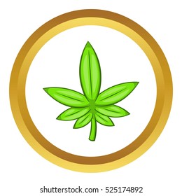 Cannabis leaf vector icon in golden circle, cartoon style isolated on white background
