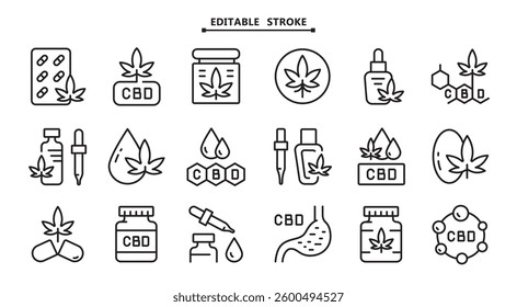 Cannabis leaf vector icons set. Editable stroke. Marijuana logo symbols vector icons for website design, mobile app, ui. Simple signs collection isolated on white background.