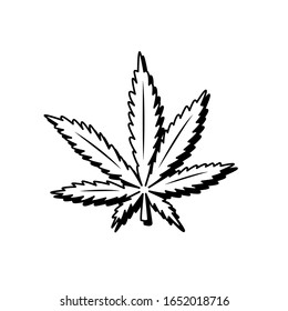 Cannabis leaf vector illustration. Hand drawn black and white image of marijuana isolated on white. Hemp, medical cannabis, drugs, cannabinoids concepts.