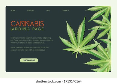 Cannabis leaf vector illustration. 
Weed landing page web design. Marijuana hemp medicine. Legalize it medical legal drug. Herb natural flat symbol. Landing page design. Green plant.