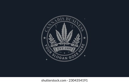 Cannabis Blatt Vintage abgerundetes Logo mit dem Text Cannabis Business, Cannabis-Blatt-Logo Vintage-Stil handgezeichnet Logo,