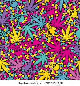 Folhas de cannabis com crânios - padrão sem costura