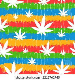 Folletos de cannabis, tintes de tinta sin costura de fondo.Ilustración de dibujos animados de tinte vectorial.Estilo de los años 60, hippie, hierba, marihuana, arte de patrones sin costura