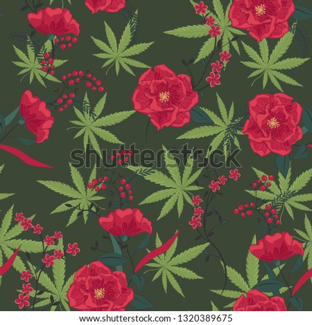 Cannabis leaves with flowers pattern. Marijuana and flowers pattern. Cannabis pattern. Vector illustration.