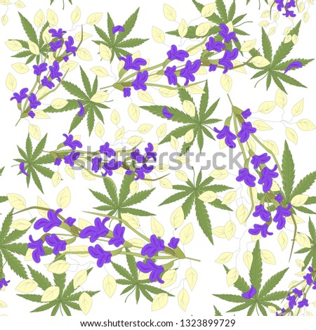 Cannabis leaves with flowers pattern. Marijuana and flowers pattern. Cannabis pattern. Vector illustration.