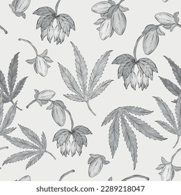 Cannabis Blätter und Blumen nahtlose Muster. Schwarz-Weiß. Vektorgrafik.
