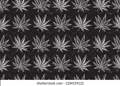 Cannabis leaves grunge seamless pattern, black and white, hand drawn graphic