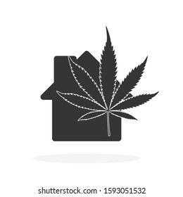 Cannabis leaves with house shape. Vector house symbol with cannabis leaves. Marijuana house logo
