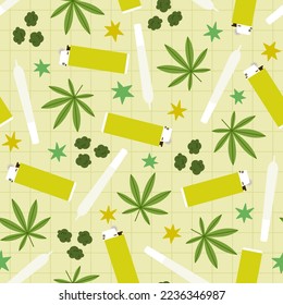 Cannabis leaves, joints, marijuana. Vector seamless pattern