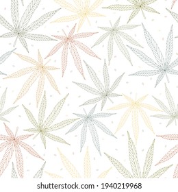 Hojas de cannabis. El vector de color lineal es un patrón sin fisuras en el fondo blanco.