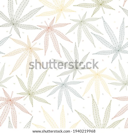 Cannabis leaves. Linear color vector seamless pattern on white background.