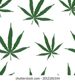 Hojas de cannabis, marihuana. Patrón vectorial sin cable. Dibujo manual de dos colores sobre un fondo blanco.