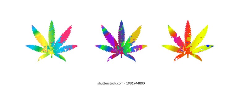 Cannabis leaves on multicolored gradient backgrounds. Vector illustration on white background