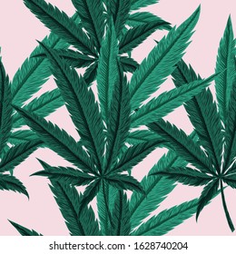 Cannabis leaves on pattern. Seamless graphic design with green marijuana leaf. Fashion, interior, wrapping, packaging suitable. Realistic hemp leaves on pink background.