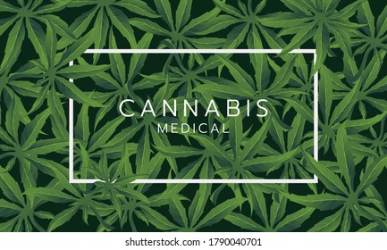 Cannabis leaves pattern in dark green color. Cannabis for medical banner design. Vector illustration.