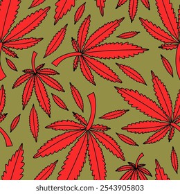 Patrón de hojas de cannabis. Planta médica. Hojas de cáñamo rojo sobre fondo blanco. 