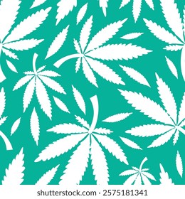 Cannabis Leaves Pattern. Medical Plant. White Hemp Leaves on Green Background. 