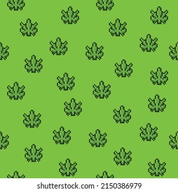 Cannabis leaves pixel art cartoon game style seamless pattern.