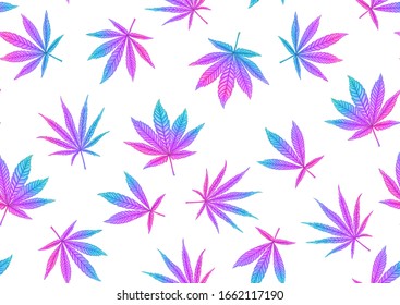 Cannabis leaves seamless pattern, background. Vector illustration in neon, fluorescent colors.