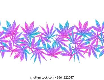Cannabis leaves seamless pattern, background. Vector illustration in neon, fluorescent colors.