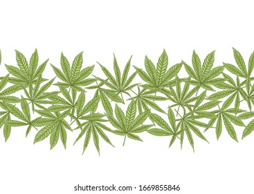 Cannabis hinterlässt nahtloses Muster, Hintergrund. Vektorillustration in grünen Farben einzeln auf weißem Hintergrund.