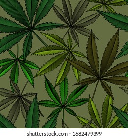 Cannabis hinterlässt einen nahtlosen Musterhintergrund. Vintage Gravur Schwarz-Weiß Stilisierte Zeichnung. Vektorillustration