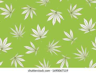 El cannabis deja un patrón transparente, fondo. Ilustración vectorial en colores verdes.