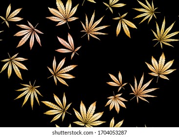 Cannabis leaves seamless pattern, background. Vector illustration in gold colors Isolated on black background.
