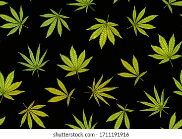 Cannabis leaves seamless pattern, background. Vector illustration in green colors Isolated on black background.