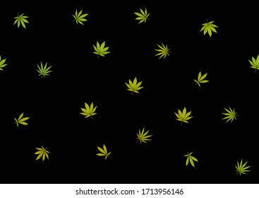 El cannabis deja un patrón transparente, fondo. Ilustración vectorial en colores verdes Aislada en fondo negro.