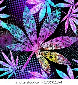 Cannabis leaves seamless pattern, background. Vector illustration in neon, fluorescent colors
