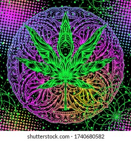 Cannabis leaves seamless pattern, background. Vector illustration in neon, fluorescent colors