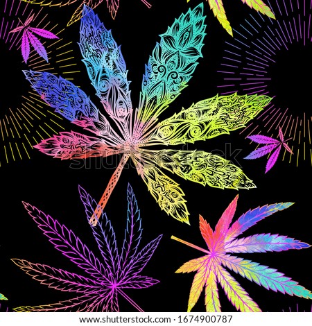 Cannabis leaves seamless pattern, background. Vector illustration in neon, fluorescent colors..