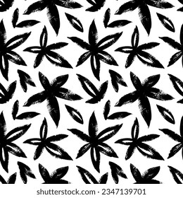 Cannabis leaves seamless pattern. Brush drawn tropical foliage background. Vector ornament with hemps. Seamless pattern with abstract cannabis branches silhouettes.